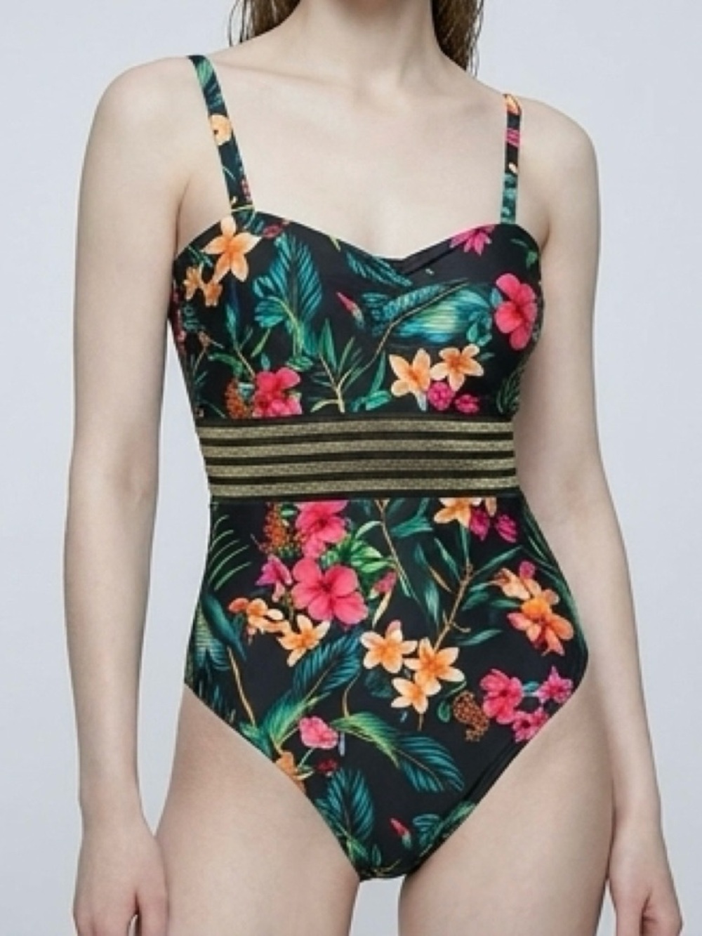 VENUS Black Tropical Floral One-Piece Swimsuit with Gold Waistband
